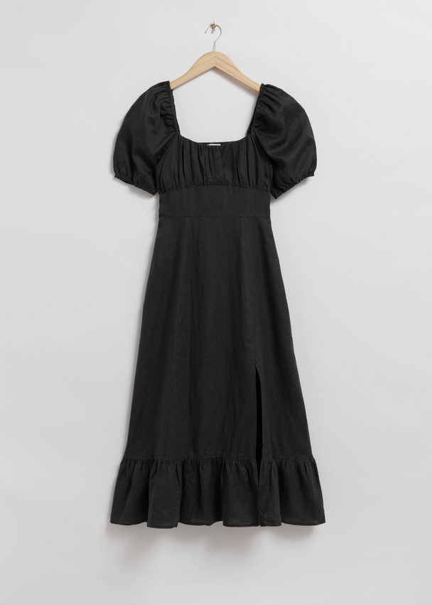 & Other Stories Puff Sleeve Linen Midi Dress Black