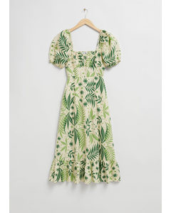 Linnen Midi-jurk Met Pofmouwen Crème/groene Botanische Print