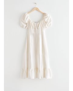 Puff Sleeve Linen Midi Dress White