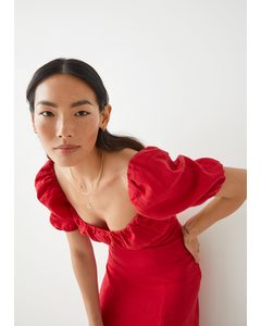 Puff Sleeve Linen Midi Dress Red