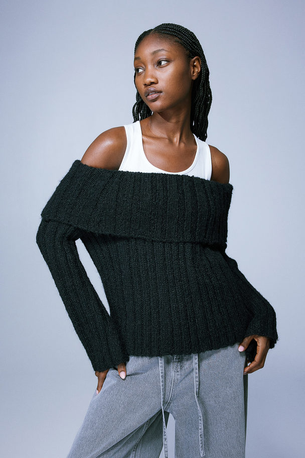 H&M Rib-knit Off-the-shoulder Jumper Black