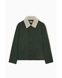 Detachable-collar Twill Jacket Dark Green