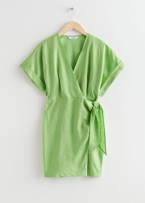 & Other Stories Linen Wrap Mini Dress Lime