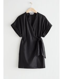 Linen Wrap Mini Dress Black