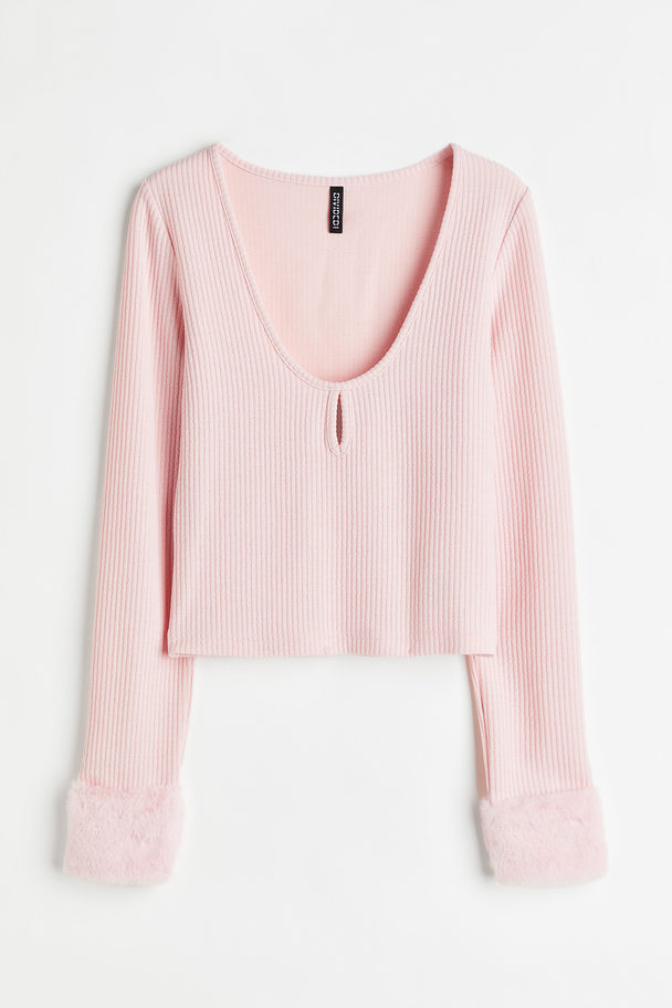 H&M Long-sleeved Ribbed Top Light Pink