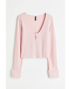 Long-sleeved Ribbed Top Light Pink
