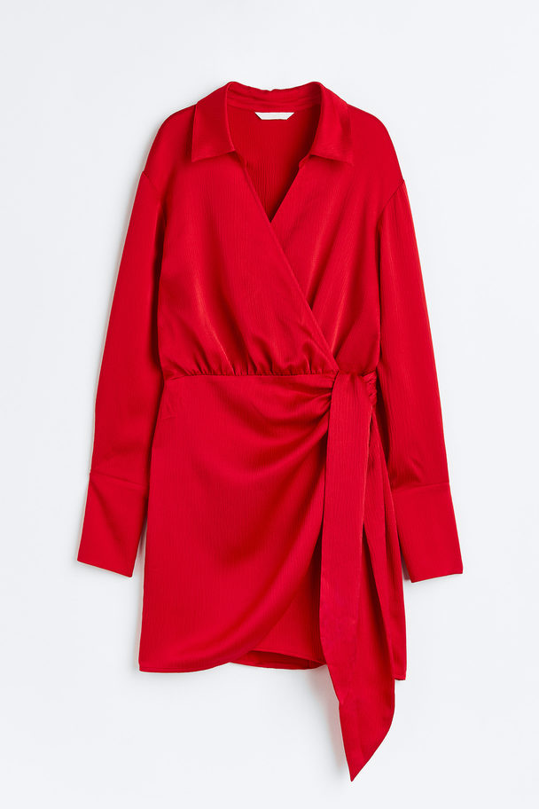 H&M Satin Crêpe Wrapover Shirt Dress Red