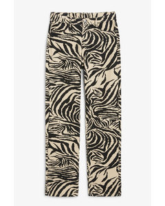 Printed Denim Style Trousers Beige Tiger