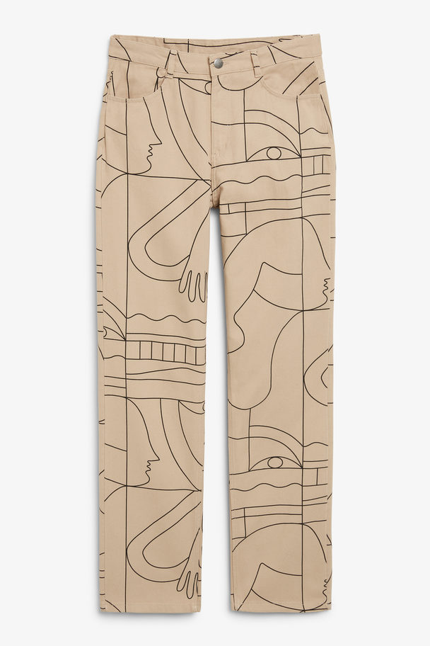 Monki Beige Printed Denim Style Trousers Graphic Print