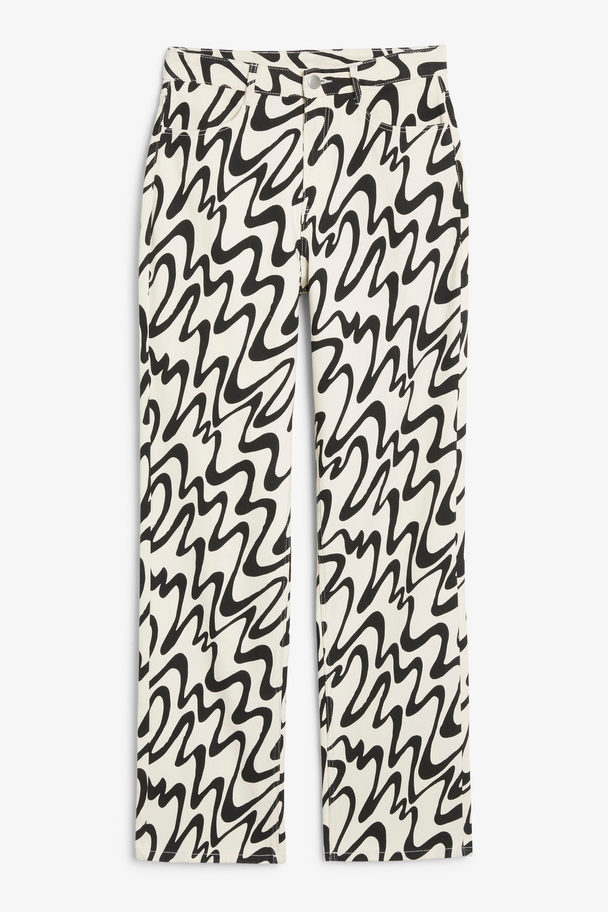 Monki Printed Denim Style Trousers Black And White Wave