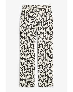 Printed Denim Style Trousers Black And White Wave