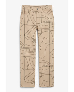 Beige Printed Denim Style Trousers Graphic Print