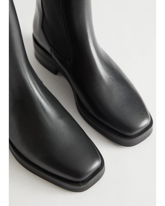 & Other Stories Square Toe Leather Boots Black