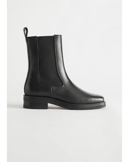 & Other Stories Square Toe Leather Boots Black