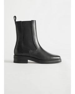 Square Toe Leather Boots Black