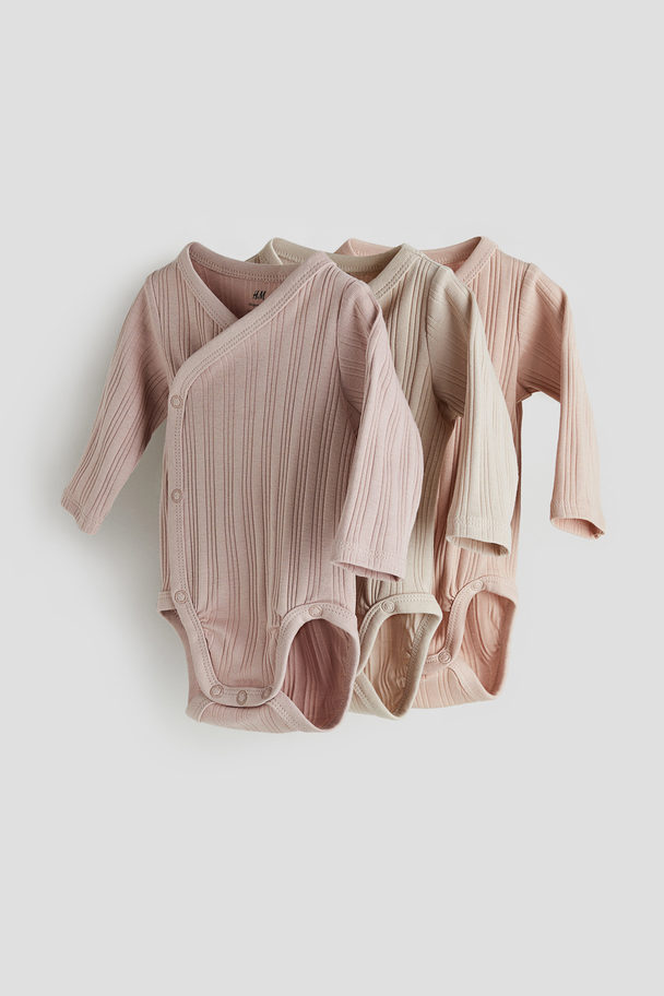 H&M 3-pack Ribbed Wrapover Bodysuits Light Dusty Pink/beige