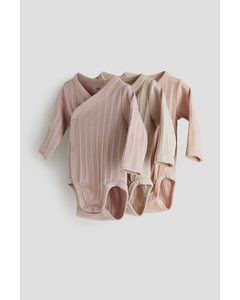 3-pack Ribbed Wrapover Bodysuits Light Dusty Pink/beige