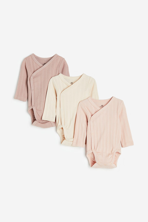 H&M 3-pack Ribbed Wrapover Bodysuits Powder Pink/cream