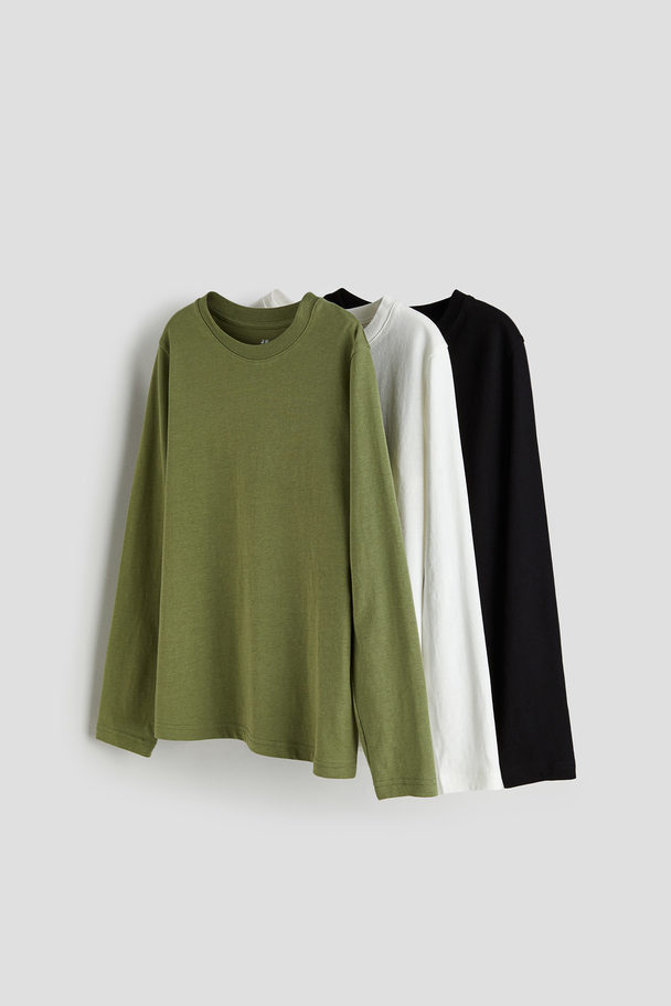 H&M Set Van 3 Shirts Met Lange Mouwen Kakigroen/wit/zwart