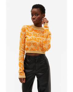 Cropped Ribbed Knit Top With Tattoo Pattern Beige & Orange Tattoo Pattern