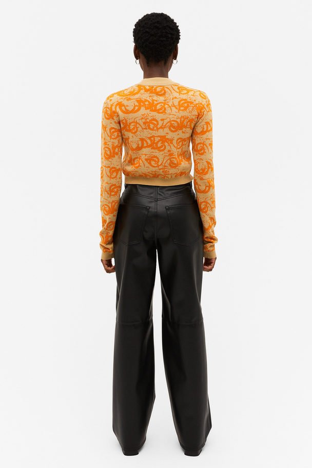 Monki Cropped Ribbed Knit Top With Tattoo Pattern Beige & Orange Tattoo Pattern