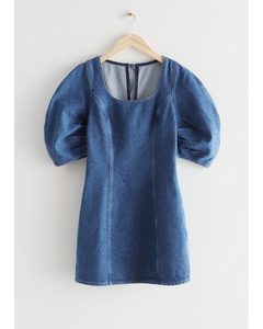 Puff Sleeve Denim Midi Dress Blue