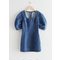 Puff Sleeve Denim Midi Dress Blue