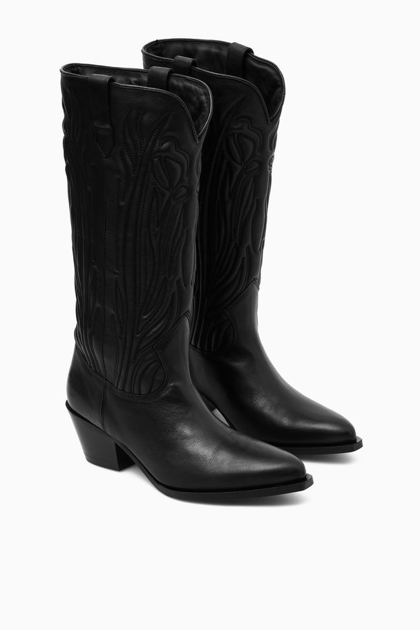 COS Embroidered Leather Cowboy Boots Black