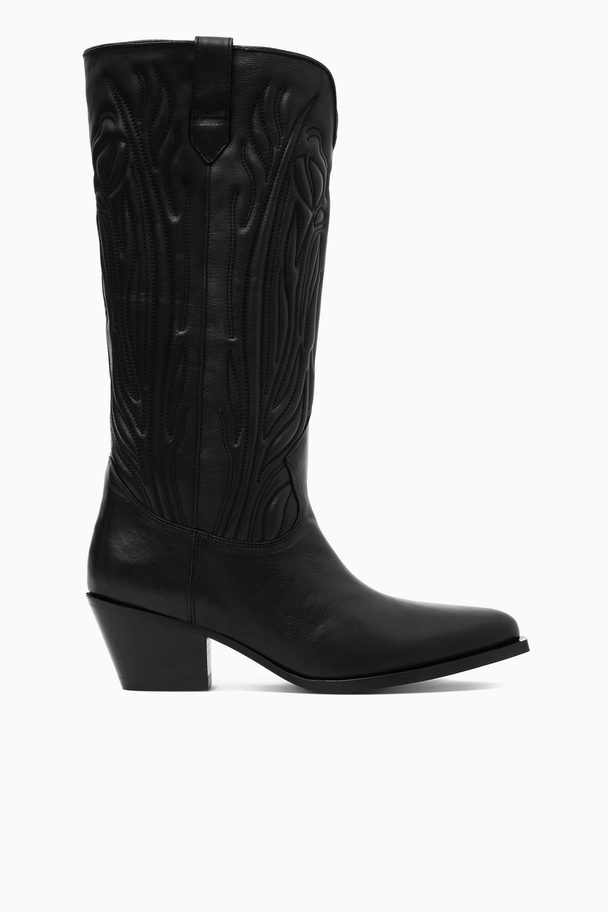 COS Embroidered Leather Cowboy Boots Black