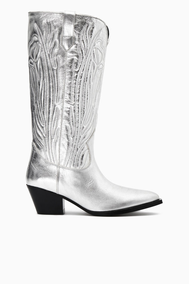 COS Embroidered Leather Cowboy Boots Silver