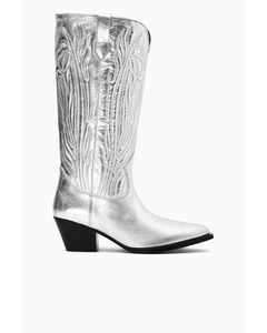 Embroidered Leather Cowboy Boots Silver