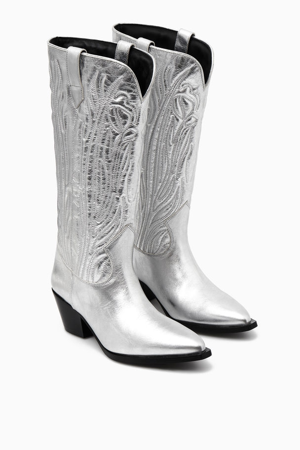 COS Embroidered Leather Cowboy Boots Silver