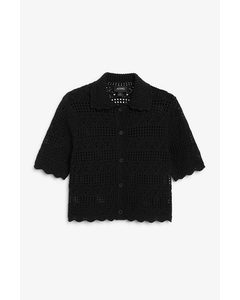 Black Crochet Look Top With Collar Black