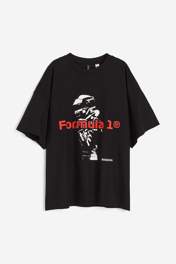 H&M Oversized T-shirt Met Print Zwart/formula 1