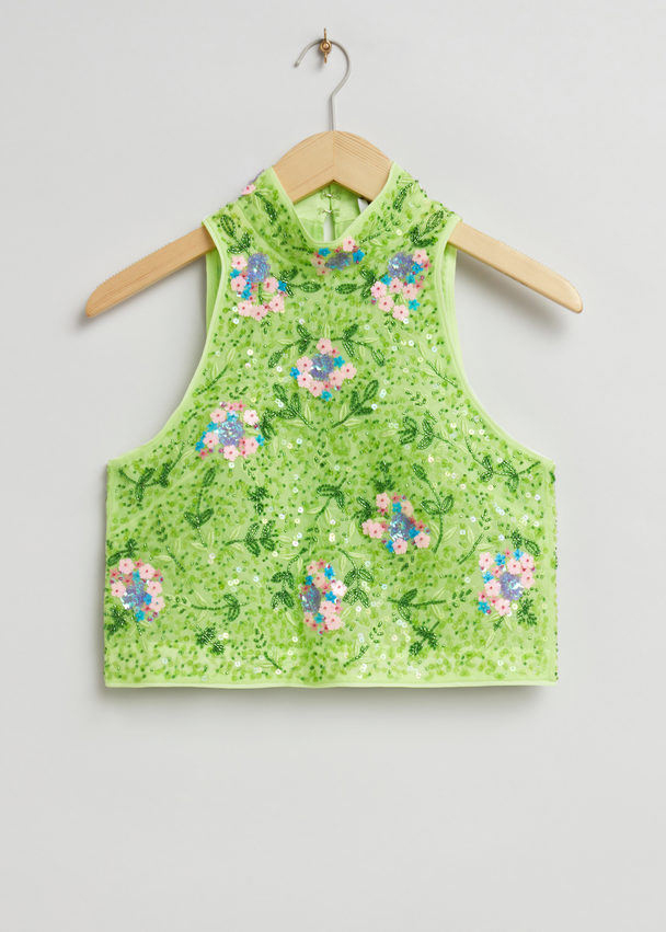 & Other Stories Sequin Embellished Crop Top Green Floral Sequin