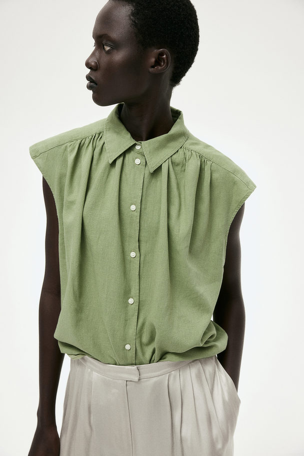 H&M Linen-blend Sleeveless Shirt Light Khaki Green