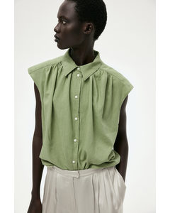 Linen-blend Sleeveless Shirt Light Khaki Green
