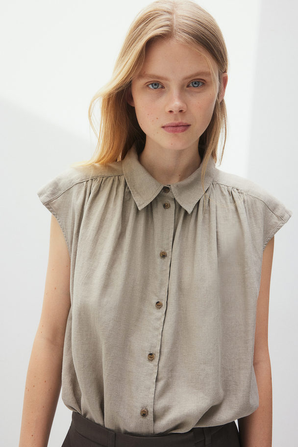 H&M Mouwloze Overhemdblouse Van Linnenmix Taupe