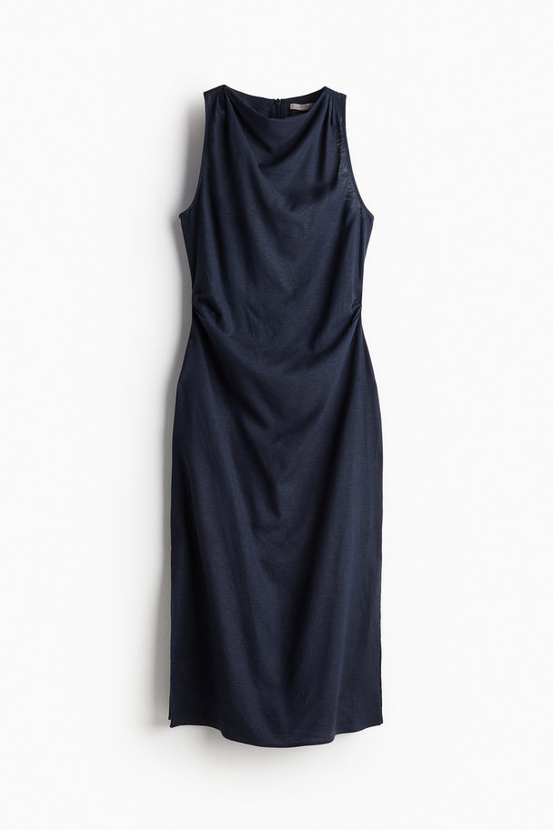 H&M Drapiertes Kleid aus Leinenmix Marineblau