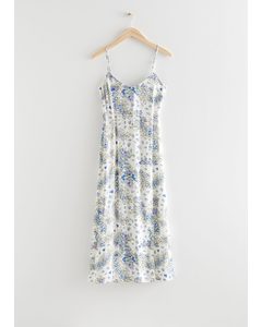 Midi-jurk Met Spaghettibandjes En Print Blauw Gebloemd