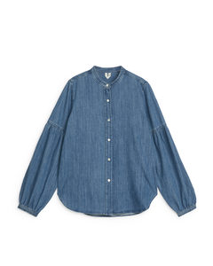 Denim Blouse Met Pofmouwen Blauw