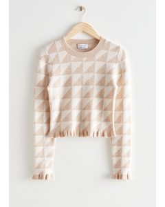 Fitted Jacquard Knit Top Beige Pattern