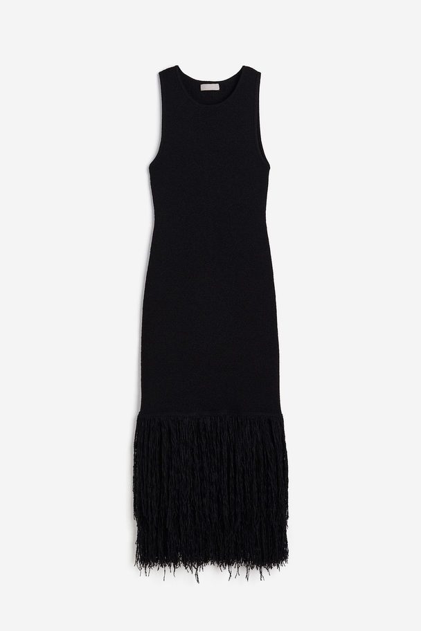 H&M Fringe-trimmed Knitted Dress Black