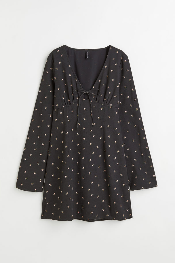 H&M Patterned Tie-detail Dress Black/small Flowers