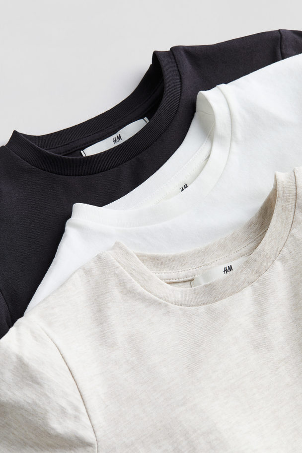 H&M 3-pack Cotton T-shirts Light Beige Marl/black