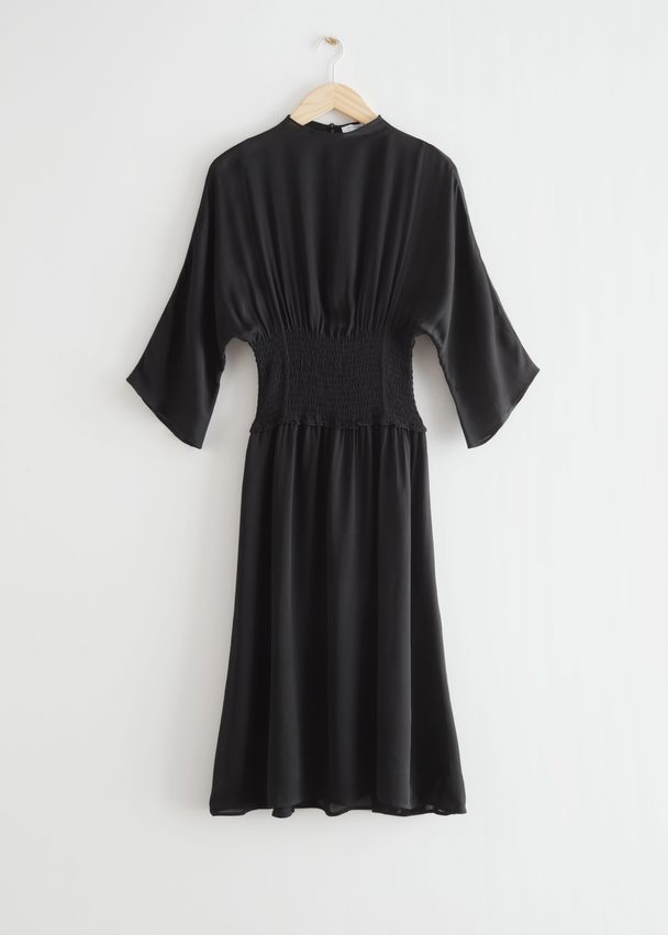 & Other Stories Smocked Waist Midi Dress Black