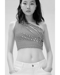 Cropped One-shoulder Top White/black Striped