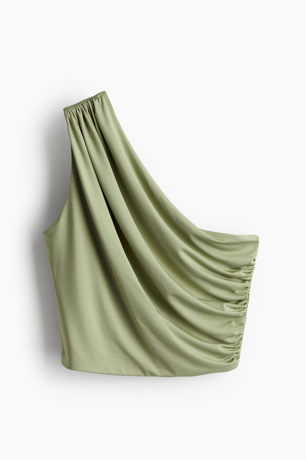 H&M Cropped One-shoulder Top Light Khaki Green
