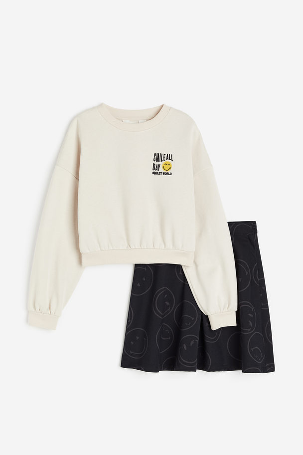 H&M 2-piece Sweatshirt And Skirt Set Light Beige/smileyworld®