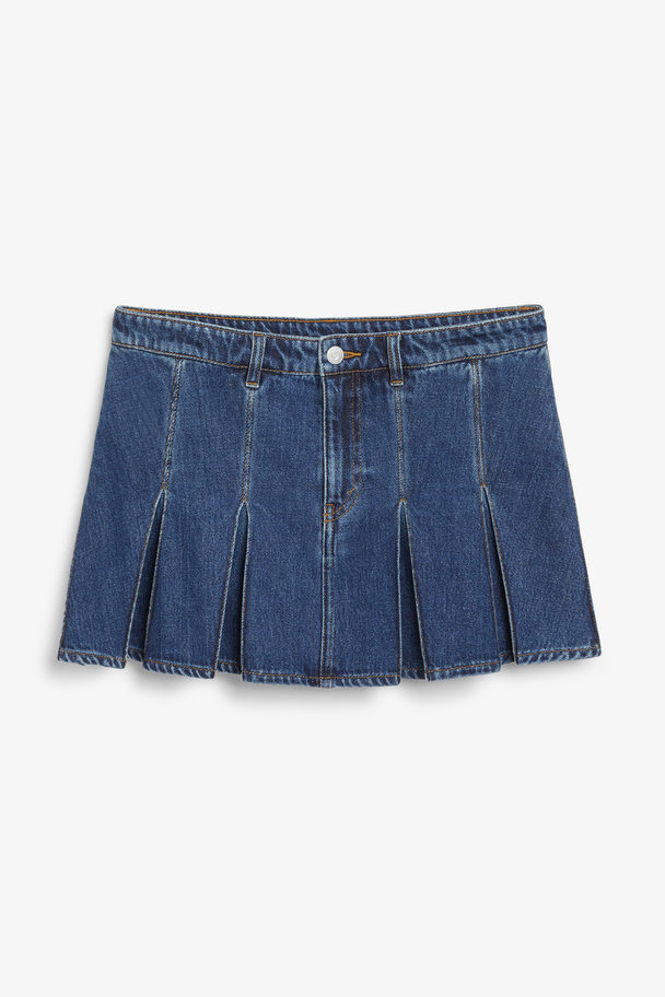 Monki Pleated Denim Mini Skirt Mid Blue